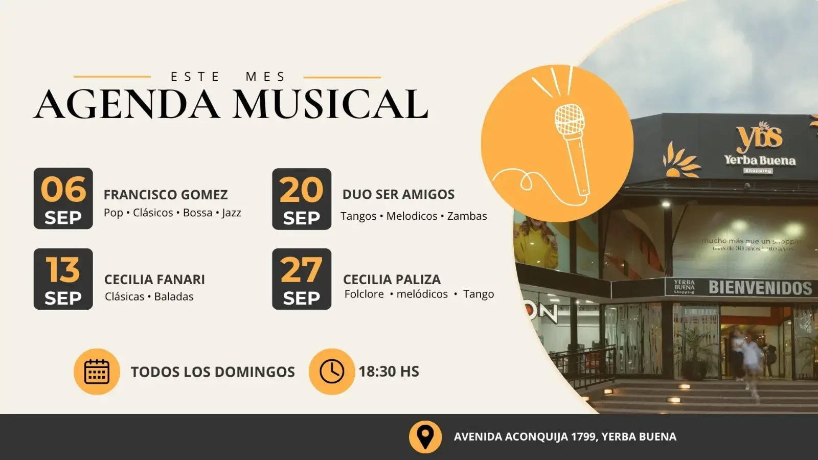 Agenda musical de septiembre: todos los domingos a las 18:30 hs en el Yerba Buena Shopping