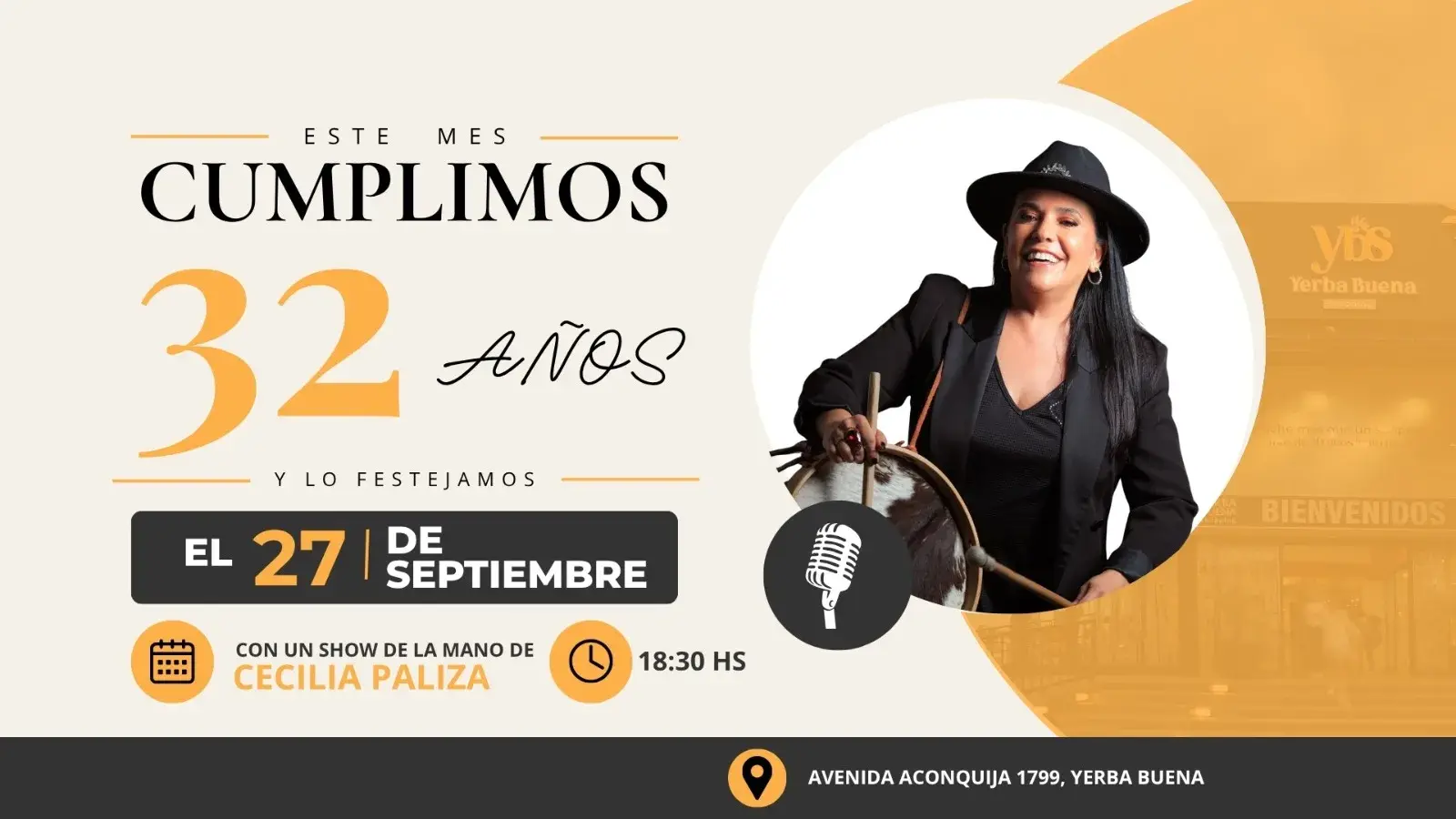 Este mes cumplimos 32 años y lo festejamos el 27 de septiembre con un show de Cecilia Paliza a las 18:30 hs